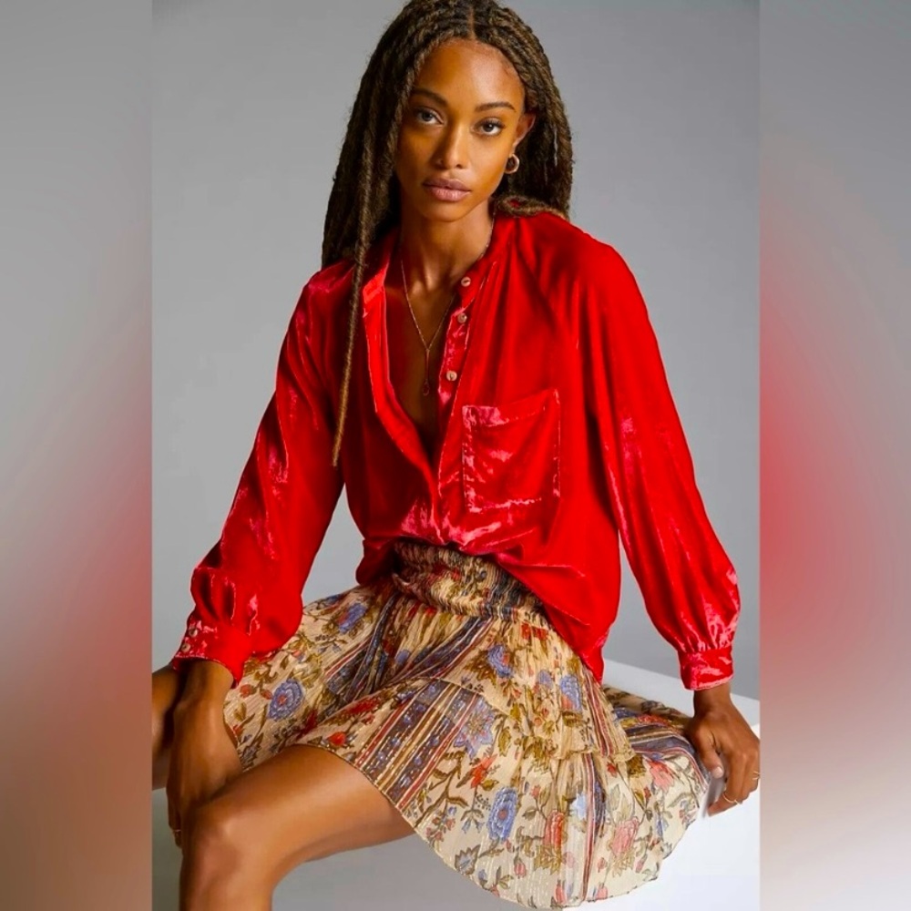 Anthropologie Pilcro Velvet Femme Button Down Shirt in Cherry Red EUC Size 1X - Picture 3 of 15